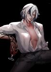  1girl alcohol arlecchino_(genshin_impact) black_background black_eyes black_hair black_pants breasts cup drinking_glass extra_eyes genshin_impact highres holding holding_cup large_breasts long_shirt nediar_raiden open_clothes open_shirt pants shirt short_hair solo twitter_username white_hair white_shirt wine wine_glass 