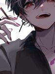  1boy black_hair black_shirt bokuhaboku chest_tattoo cigarette earrings fang highres holding holding_cigarette idolish7 jacket jewelry looking_down male_focus mole mole_on_chest mole_under_eye momo_(idolish7) multicolored_hair multiple_earrings open_mouth pink_nails red_eyes shirt short_hair solo tattoo teeth tongue tongue_out white_hair white_jacket 