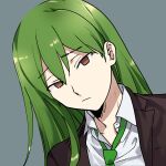  1boy black_jacket brown_eyes closed_mouth collared_shirt commentary_request empty_eyes eyebrow_cut green_hair green_necktie grey_background head_tilt jacket lobotomy_corporation long_hair looking_at_viewer male_focus medu_(rubish) necktie netzach_(project_moon) open_clothes open_collar open_jacket project_moon shirt simple_background solo white_shirt 