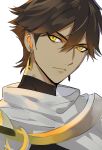  1boy brown_hair closed_mouth commentary earrings fate/grand_order fate_(series) hair_between_eyes jewelry male_focus ozymandias_(fate) portrait short_hair simple_background solo symbol-only_commentary takashi_(huzakenna) turtleneck white_background yellow_eyes 