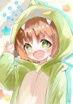 +_+ 1girl :d absurdres artist_name brown_hair claw_pose colored_inner_hair commentary dinosaur_costume fang female_child green_eyes hair_between_eyes hand_up highres hood hood_up light_blush long_sleeves mochi_49 multicolored_hair oka_asahi onii-chan_wa_oshimai! open_mouth orange_hair short_hair smile solo star_(symbol) two-tone_hair zipper_pull_tab 