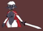  anthro areola bell big_breasts black_eyes bovid breasts brown_background cape cape_only caprine clothing cult_of_the_lamb cynthiafirespark female fur genitals grey_areola grey_body grey_fur grey_nipples holding_object holding_sword holding_weapon horizontal_pupils horn lamb_(cult_of_the_lamb) looking_at_viewer mammal melee_weapon mostly_nude navel nipples nude pupils pussy red_cape sheep simple_background solo sword thick_thighs weapon white_body white_fur wide_hips 