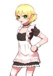  1girl alternate_costume apron black_choker black_dress blonde_hair blush breasts choker cleavage commentary dress enmaided eyelashes feet_out_of_frame frilled_apron frilled_choker frilled_dress frills green_eyes looking_at_viewer maid maid_apron medium_bangs mizuhashi_parsee open_mouth over-kneehighs pointy_ears short_hair short_sleeves simple_background small_breasts solo teeth thighhighs touhou upper_teeth_only white_apron white_background white_thighhighs wrist_cuffs yokozuna_iwashi 
