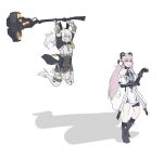  2girls animal_ears bare_shoulders black_bodysuit black_gloves black_socks bodysuit dress elbow_gloves gloves grey_bodysuit grey_hair grey_thighhighs hair_between_eyes hammer headgear headphones high_heels holding holding_hammer holding_weapon huge_weapon joints karenina:_scire_(punishing:_gray_raven) karenina_(punishing:_gray_raven) long_hair mechanical_arms mechanical_ears mechanical_legs min_re0 multiple_girls pink_eyes pink_hair punishing:_gray_raven rabbit_ears robot_joints shaded_face short_sleeves socks teddy_(punishing:_gray_raven) thighhighs twintails very_long_hair weapon white_dress wolf_ears 