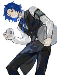  1boy apron armband black_apron black_pants black_vest blue_bow blue_bowtie blue_hair bow bowtie chesed_(project_moon) closed_mouth cup holding holding_cup holding_tray leaning_forward lobotomy_corporation long_sleeves looking_at_viewer mug nishikujic pants project_moon shirt simple_background smile solo tray vest waiter white_background white_shirt 