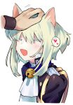  2boys :d animal_ears ascot bell black_jacket blonde_hair blue_collar blush cat_boy cat_ears cat_tail closed_eyes collar fang galo_thymos happy headpat heart highres jacket kemonomimi_mode lio_fotia male_focus multiple_boys neck_bell otoko_no_ko out_of_frame promare purple_eyes rinno_promare short_hair sidelocks smile solo_focus spoken_heart tail white_ascot wristband 