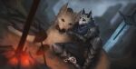  3_legs 5_fingers absurd_res anthro arctic_fox artorias_the_abysswalker black_sclera bonfire brown_eyes canid canine canis clothed clothing dark_souls duo feral ferrous_oxide_(ferrousoxide) fingers food fox fromsoftware fur generation_5_pokemon hi_res hybrid male mammal marble_fox markings mdsf meat_on_bone meat_skewer melee_weapon monochrome_fur moonlight_greatsword nintendo pokeball pokemon pokemon_(species) purple_eyes red_fox smile striped_body striped_fur striped_markings stripes sword tail tail_markings volcarona weapon white_body white_fur wolfdog 