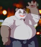  2023 anthro bear belly big_belly bottomwear clothing gesture giant_panda kemono male mammal meg_hoi night outside overweight overweight_male pants shirt solo topwear waving white_body 