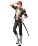  1boy argon_(exys) arm_up black_jacket black_pants boots brown_eyes fire_emblem fire_emblem:_three_houses fire_emblem_heroes full_body garreg_mach_monastery_uniform hair_between_eyes hand_in_own_hair highres jacket leggings looking_at_viewer male_focus official_art open_clothes open_jacket orange_hair pants scabbard sheath sheathed shirt short_hair smile solo standing sword sylvain_jose_gautier transparent_background weapon white_footwear white_shirt 