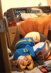  1boy absurdres bed bedroom black_skirt blanket blonde_hair blush bridget_(guilty_gear) closed_eyes english_text goat_simulator guilty_gear guilty_gear_strive highres hood hood_up jacket khyle. lampshade long_sleeves male_focus nintendo_switch on_floor open_mouth otoko_no_ko pain pillow skirt solo tearing_up vaseline 