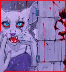  anthro blood bodily_fluids clothed clothing digital_media_(artwork) domestic_cat felid feline felis female finger_in_mouth fur hi_res mammal nosebleed open_mouth red_sclera red_tongue ring solo teeth tongue topwear voskhodart 