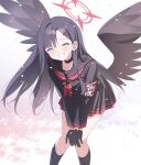  1girl angel_wings black_gloves black_hair black_serafuku black_skirt black_socks black_wings blue_archive closed_eyes gloves hair_ornament hairpin halo highres ichika_(blue_archive) neckerchief nekoln red_neckerchief school_uniform serafuku skirt smile socks solo thighs wings 