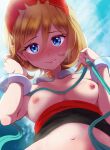  1girl aqua_ribbon backlighting blue_eyes bracelet breasts breasts_out clothes_pull commentary_request from_below highres jewelry looking_at_viewer medium_breasts medium_hair navel nipples orange_hair pokemon pokemon_(game) pokemon_xy ribbon serena_(pokemon) shirt_pull smile solo strapless sunlight toiro_gawon tube_top 
