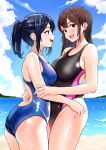  2girls beach black_hair black_one-piece_swimsuit blue_one-piece_swimsuit blue_sky breast_press breasts brown_eyes cloud commission competition_swimsuit cowboy_shot day highres horizon hug long_hair looking_at_viewer medium_breasts multiple_girls nobita_(nbnobita) ocean one-piece_swimsuit original outdoors pixiv_commission ponytail sidelocks sky swimsuit symmetrical_docking two-tone_swimsuit upper_body 