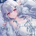  1girl bangs bed blue_bow blush bow breasts cleavage collarbone copyright crossed_bangs dress frilled_dress frills grey_hair grey_jacket hair_bow hair_ornament hairclip hakase_fuyuki jacket large_breasts lips long_hair looking_at_viewer low_twintails lying neko-san_(dim.dream) nijisanji off_shoulder official_art on_back red_eyes sample_watermark sidelocks sleepwear sleeves_past_wrists smile solo star_(symbol) twintails virtual_youtuber white_dress 