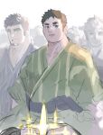  2boys bara blush character_request crave_saga crowd drooling facial_hair glowing_crotch goatee green_kimono highres japanese_clothes kimono long_sideburns looking_at_crotch looking_at_penis male_focus multiple_boys neumo pectoral_cleavage pectorals protagonist_(crave_saga) short_hair sideburns solo_focus sparkling_aura thick_eyebrows yaoi 