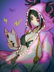 1girl absurdres black_bra black_hair bra breasts cellphone cleavage han_juri highres hood multicolored_hair official_alternate_costume official_alternate_hairstyle pajamas phone pink_pajamas smartphone solo streaked_hair street_fighter street_fighter_6 twintails underwear unzipped yohane_shimizu 