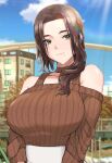  1girl bare_shoulders blue_sky breasts brown_eyes brown_hair brown_sweater commentary hair_intakes hair_over_shoulder highres large_breasts light_blush light_rays light_smile long_hair long_sleeves looking_at_viewer mole mole_under_mouth noah_(pixiv) original outdoors ribbed_sweater sidelocks sky solo sunbeam sunlight sweater taut_sweater upper_body 