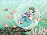  1girl air_bubble animal_hug bare_arms blue_hair bubble capri_pants chinchou comp_ito coral coral_reef corsola flip-flops hairband lana_(pokemon) light_rays luvdisc pants pokemon pokemon_(creature) pokemon_(game) pokemon_sm popplio sailor_collar sandals shellos shellos_(east) shellos_(west) shirt short_hair sleeveless sleeveless_shirt smile sunlight underwater white_shirt 