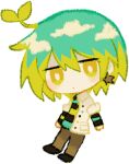  1boy aqua_hair bright_pupils brown_pants chibi closed_mouth collared_shirt earrings expressionless green_hair hair_between_eyes jewelry long_sleeves looking_at_viewer lowres male_focus medium_hair no_nose open_clothes open_shirt original pants personification shirt simple_background solo sprout_on_head star_(symbol) star_earrings striped striped_shirt taichi_ayumu transparent_background usagi_nui white_pupils white_shirt yellow_eyes 