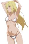  1girl absurdres aiz_wallenstein armpits arms_up bikini blonde_hair blush breasts collarbone commentary_request cowboy_shot dungeon_ni_deai_wo_motomeru_no_wa_machigatteiru_darou_ka highres long_hair looking_at_viewer medium_breasts navel shou937 simple_background solo standing swimsuit underboob white_background white_bikini yellow_eyes 