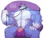  abs absurd_res anthro balls barazoku beefburner biceps big_muscles black_nose blue_body blue_fur bulge canid canine canis clothing digital_media_(artwork) fur genitals hand_on_lap hat headgear headwear hi_res holding_leash holding_object humanoid_genitalia humanoid_penis leash leash_and_collar leash_pull male mammal mostly_nude muscular muscular_anthro muscular_male nipples pecs penis signature simple_background solo underwear vein veiny_muscles veiny_penis white_body white_fur wolf 