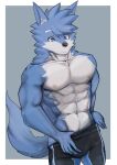  abs absurd_res anthro asleepchef biceps blue_body blue_eyes bottomwear canid clothing hair hi_res male mammal multicolored_body muscular muscular_male nipples pants pecs simple_background solo tail undressing yakumo_(asleepchef) 