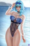  1girl aqua_hair arduina_(arduin_art) asymmetrical_hair black_choker brown_eyes choker covered_navel cowboy_shot day eula_(genshin_impact) eyewear_on_head genshin_impact highres lips outdoors parted_lips solo strapless strapless_swimsuit sunglasses swimsuit thigh_gap water 