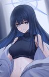  1girl bare_shoulders black_shirt blue_archive blue_eyes blue_hair breasts commentary crop_top large_breasts long_hair looking_at_viewer midriff navel no_headwear off_shoulder saori_(blue_archive) shirt sleeveless sleeveless_shirt solo stomach upper_body very_long_hair wrightia 