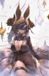  1girl absurdres animal_ears black_dress blindfold blue_hair breasts brown_hair brown_horns cleavage closed_mouth covered_eyes covered_nipples dress drill_ponytail extra_ears galleon_(granblue_fantasy) granblue_fantasy hair_between_eyes highres horns large_breasts long_hair long_sleeves multicolored_hair pointy_ears ponytail smile solo streaked_hair thigh_strap yu_pian 
