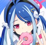  1girl absurdres antenna_hair blue_archive blue_hair bow commentary_request doughnut eating food fubuki_(blue_archive) hair_between_eyes hair_bow hair_ornament hair_ribbon halo heart heart_hair_ornament highres holding holding_food long_hair long_sleeves looking_at_viewer multicolored_hair necktie paralier police police_uniform policewoman red_eyes ribbon sidelocks solo streaked_hair twintails two-tone_hair uniform waving white_background 
