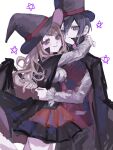  1boy 1girl akamatsu_kaede black_cape black_hair black_headwear black_skirt breasts brown_eyes cape danganronpa_(series) danganronpa_v3:_killing_harmony hair_between_eyes halloween_costume hat highres hug large_breasts ohn_(hiyu194) pink_eyes red_skirt saihara_shuichi short_hair simple_background skirt smile star_(symbol) top_hat white_background wings 