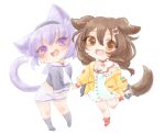  2girls animal_ear_fluff animal_ears ascot black_footwear black_hairband blush bone_hair_ornament brown_eyes brown_hair cat_ears cat_girl chibi choker dog_ears dog_girl dress fang hair_between_eyes hair_ornament hairband highres hololive inugami_korone jacket long_sleeves midriff multiple_girls nanamochi nekomata_okayu open_mouth purple_eyes purple_hair red_choker red_footwear shorts white_ascot white_background white_dress white_shorts yellow_jacket 