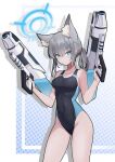  1girl absurdres animal_ear_fluff animal_ears bare_shoulders black_one-piece_swimsuit blue_archive blue_eyes blue_halo breasts closed_mouth collarbone commentary_request competition_swimsuit covered_navel cowboy_shot cross_hair_ornament dual_wielding extra_ears finger_on_trigger grey_hair gun hair_between_eyes hair_ornament halo highleg highleg_swimsuit highres holding holding_gun holding_weapon light_blush looking_at_viewer low_ponytail medium_breasts medium_hair mismatched_pupils multicolored_clothes multicolored_swimsuit official_alternate_costume one-piece_swimsuit partial_commentary sharlll shiroko_(blue_archive) shiroko_(swimsuit)_(blue_archive) solo standing swimsuit two-tone_swimsuit weapon wolf_ears 
