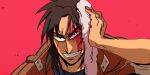  1boy bags_under_eyes black_eyes black_hair bleeding blood blood_on_face brown_jacket commentary_request grin holding_rag inudori itou_kaiji jacket kaiji long_hair looking_at_viewer male_focus medium_bangs parted_bangs pointy_nose rag red_background simple_background smile solo upper_body 