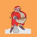  anthro belly belt body_hair bovid bovine cattle chocopaws2 christmas christmas_clothing christmas_headwear clothing costume fur happy_trail hat headgear headwear holidays male mammal overweight overweight_male pink_body pink_fur santa_costume santa_hat snowman solo squish 