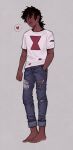  1boy absurdres adventure_time adventure_time:_fionna_and_cake barefoot black_hair blaye-art dark-skinned_male dark_skin denim full_body hair_between_eyes hand_in_pocket heart highres jeans male_focus marshall_lee mole mole_on_neck pants red_eyes shirt short_sleeves simple_background toes torn_clothes torn_pants 