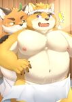  absurd_res anthro belly blush canid canine canis domestic_dog duo fox hi_res iyo_(tamacolle) male male/male mammal musashi_(tamacolle) musclegut navel nipples overweight pecs suggestive_look surprised_expression tamacolle towel udontarai 