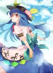  1girl black_headwear blue_bow blue_hair blue_skirt blue_sky bow cloud cloudy_sky commentary_request food from_behind fruit hat hinanawi_tenshi leaf long_hair looking_back makuwauri outdoors peach puffy_short_sleeves puffy_sleeves rainbow_gradient red_bow red_eyes shirt short_sleeves skirt sky solo touhou white_shirt 
