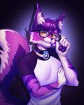  animal_humanoid anthro artist_name cat_humanoid clothing collar crossgender ears_up eyewear fan_character felid felid_humanoid feline feline_humanoid fur glasses gradient_background hair hi_res humanoid looking_at_viewer male mammal mammal_humanoid multicolored_body multicolored_fur orange_eyes purple_body purple_fur purple_hair purple_skin ritsuxz shirt signature simple_background solo t-shirt tail topwear two_tone_body two_tone_fur white_body white_fur 