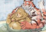  2023 anthro bathing bathtub bear belly big_belly brown_body brown_fur chobikuma crave_saga duo eyewear felid fur gabu_(crave_saga) glasses hi_res kemono male male/male mammal orange_body overweight overweight_male pantherine remaias sitting steam tiger water 