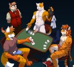  anthro benjamin_tornclaw canid canine card clothed clothing discarded_clothing domestic_cat felid feline felis fionnthecat fox group hi_res male male/male mammal nude pantherine playing_card sitting strip_poker tenting tiger upsilonfox vitaly_(artist) 