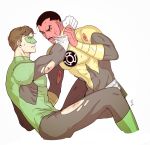  2boys bara black_bodysuit black_hair blood bodysuit brown_hair clenched_teeth colored_skin covered_abs dc_comics domino_mask gloves green_bodysuit green_lantern green_lantern_(series) hal_jordan highres holding_another&#039;s_wrist injury jewelry large_pectorals looking_at_another male_focus mask multiple_boys muscular muscular_male pectorals pointy_ears red_skin ring short_hair simple_background sinestro superhero teeth torn_bodysuit torn_clothes torn_gloves torn_mask two-tone_bodysuit white_background white_gloves yaoi ykro7705 