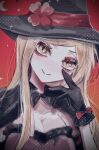  1girl akamatsu_kaede alternate_costume black_cape black_gloves black_headwear blonde_hair breasts cape cleavage closed_mouth danganronpa_(series) danganronpa_v3:_killing_harmony flower gloves hand_up hat hat_flower highres large_breasts long_hair naruse_(nal1525) red_background red_flower smile solo witch witch_hat 