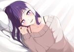  1girl absurdres bed_sheet blush collarbone commentary dutch_angle grey_sweater hair_twirling highres hoshino_ai_(oshi_no_ko) long_hair looking_at_viewer lying nemu_(zzz_nm0508) on_side oshi_no_ko parted_lips pillow purple_eyes purple_hair sidelocks smile solo star-shaped_pupils star_(symbol) sweater symbol-shaped_pupils upper_body 