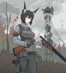  1girl absurdres animal_ears arbor_spirit artist_name black_hair blue_eyes breasts canteen double-barreled_shotgun expressionless fox_ears fox_girl green_pants grey_shirt gun handgun highres holster looking_at_viewer original pants reloading shirt shotgun shotgun_shell solo thigh_holster weapon 