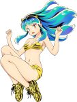  1girl aqua_hair bikini breasts floating_hair full_body highres horns long_hair lum medium_breasts navel non-web_source official_art oni oni_horns open_mouth orange_eyes photoshop_(medium) pointy_ears shoes sneakers solo strapless strapless_bikini swimsuit tiger_stripes transparent_background urusei_yatsura w_arms 