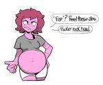  2018 alien alien_humanoid belly big_belly biped breasts clothed clothing colored dialogue digital_drawing_(artwork) digital_media_(artwork) english_text female fingers front_view gesture hair humanoid in_denial lewdlemage looking_at_viewer medium_breasts navel open_mouth outie_navel pink_body pink_hair pink_skin pointing pointing_at_self portrait pregnant pregnant_female profanity sharp_teeth simple_background solo speech_bubble standing talking_to_viewer teeth text three-quarter_portrait white_background winona_rider worm_humanoid yellow_eyes 