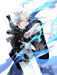  1boy armor baggy_pants belt blonde_hair blue_eyes boots buster_sword closed_mouth cloud_strife cofffee final_fantasy final_fantasy_vii final_fantasy_vii_remake gloves holding holding_sword holding_weapon huge_weapon looking_to_the_side male_focus multiple_belts on_one_knee pants ribbed_sweater short_hair shoulder_armor sleeveless sleeveless_turtleneck solo spiked_hair suspenders sweater sword toned toned_male turtleneck turtleneck_sweater weapon white_background 