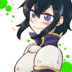  1girl armor black_hair blush breastplate collared_shirt earrings fire_emblem fire_emblem:_genealogy_of_the_holy_war fire_emblem_heroes jewelry larcei_(fire_emblem) looking_to_the_side mityo pauldrons purple_eyes purple_shirt shirt short_hair shoulder_armor simple_background smile solo tomboy white_armor 